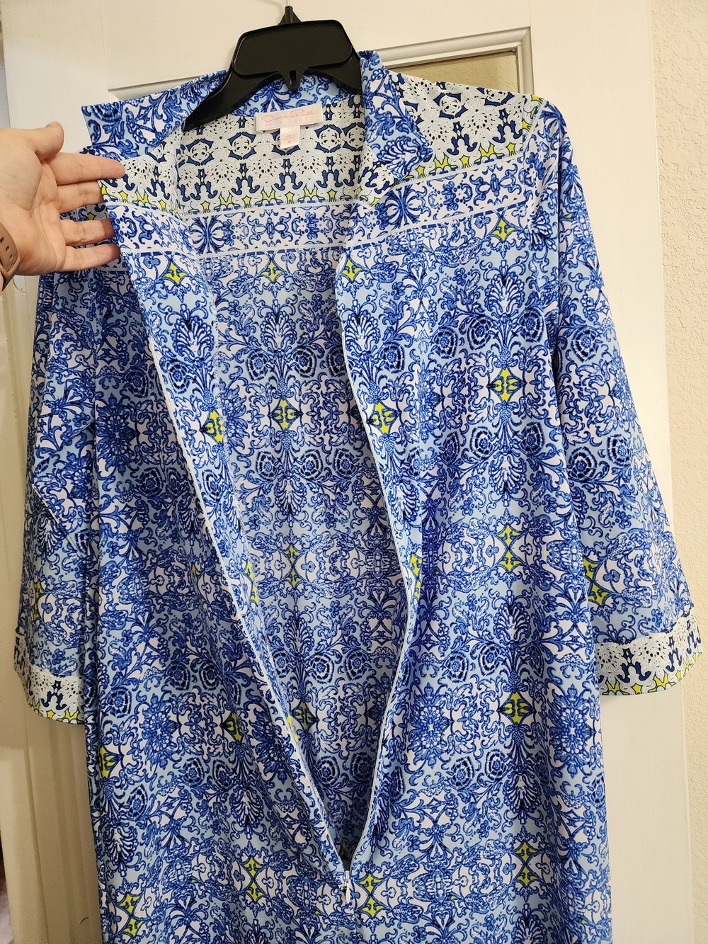 Oscar de la Renta Pink Label Blue Tile Print Caftan Lounge Dress Size Small - Picture 6 of 15